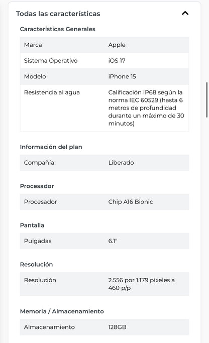 iPhone 15 celeste 128GB